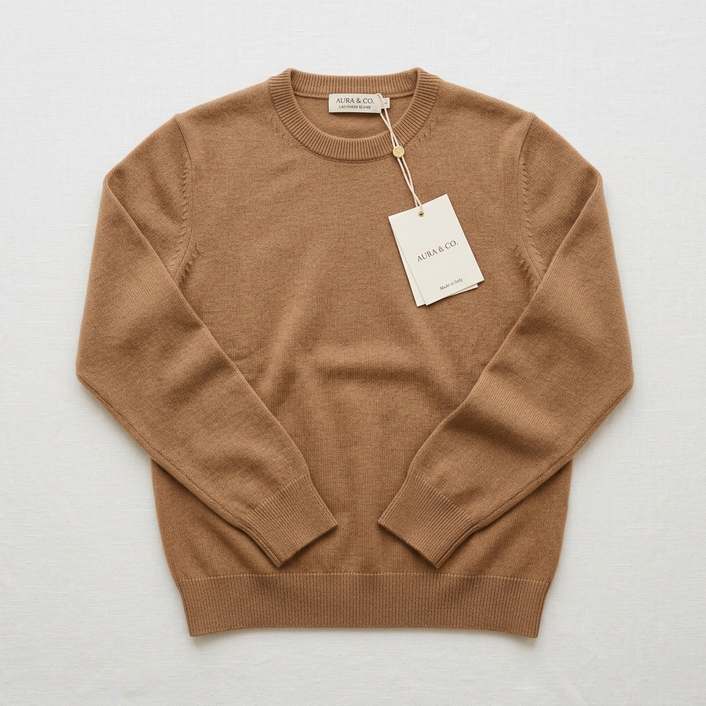 Luxury Cotton-Cashmere Blend Crewneck in Warm Camel Studio Photo