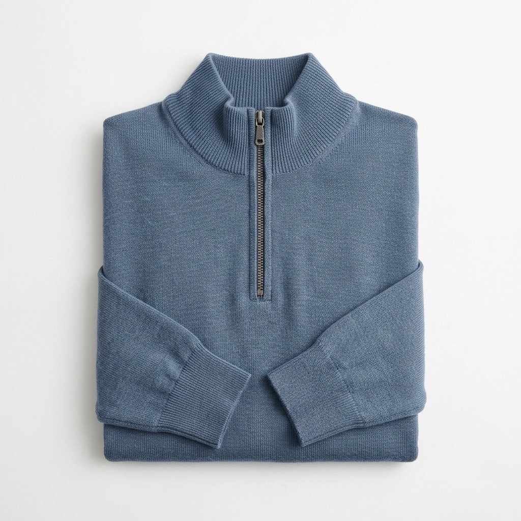 Lightweight Fine-Knit Quarter-Zip Mockneck Sweater in Slate Blue