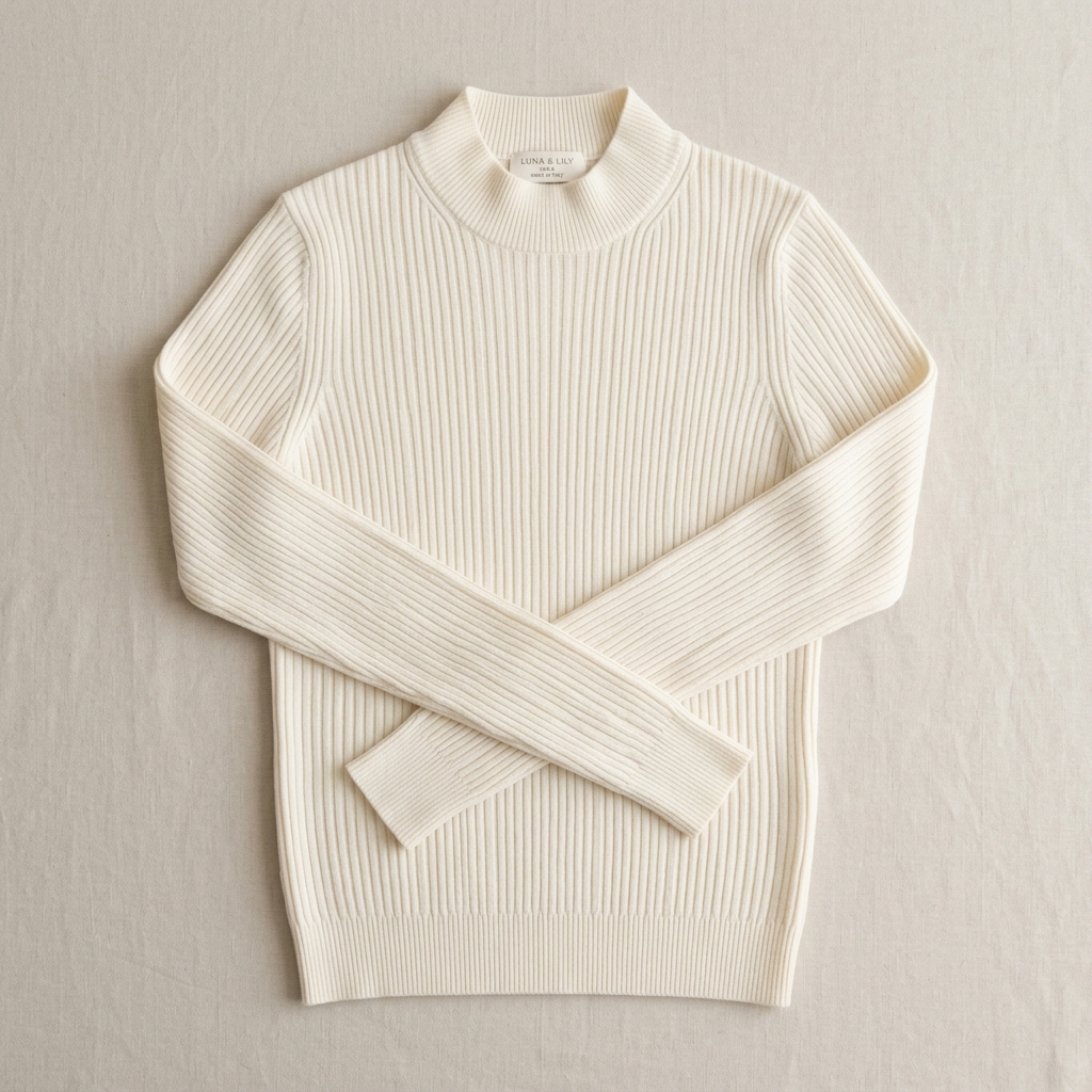 Fine Ribbed Lightweight Mockneck Sweater in Ivory Cream Studio Photo